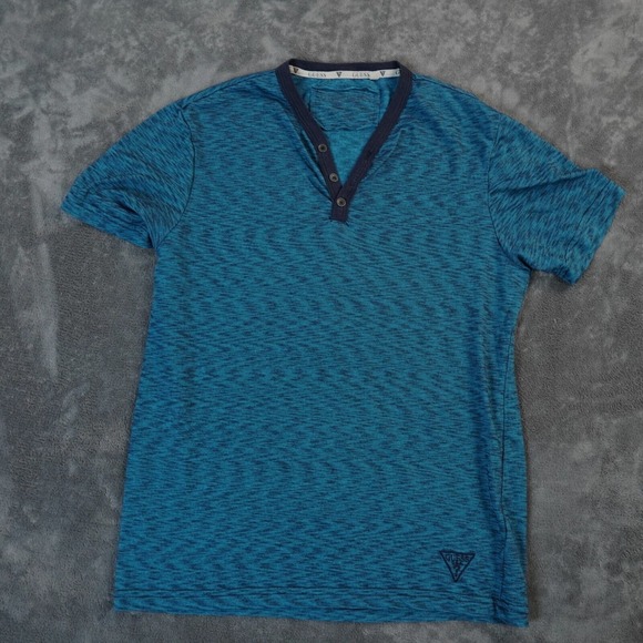 Guess Shirt Mens Small Blue Teal Short Sleeve Henley Button Abstract Psychedelic - Picture 1 of 6